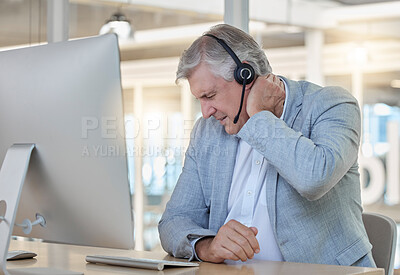 Buy stock photo Call center, customer service and neck pain with a consultant man suffering from tension while working in the office. Crm, support and burnout with a senior male telemarketing working feeling stress