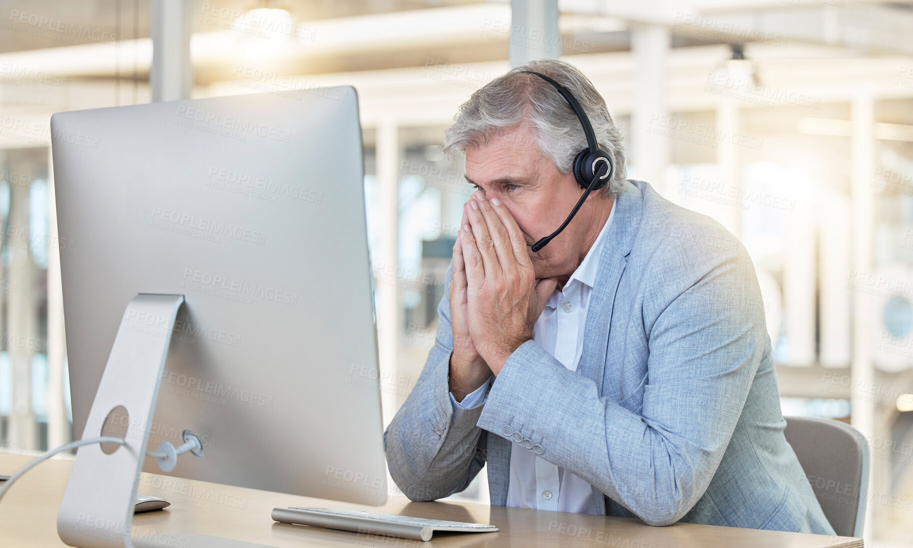 Buy stock photo Call center, customer service and anxiety with a consultant man suffering from stress while working in the office. Crm, support or burnout with a senior male telemarketing working feeling overwhelmed