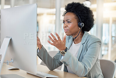 Buy stock photo Frustrated, confused and stress in call center, black woman with headset and contact us, CRM problem and computer glitch. Female employee, tech support mistake or software error in customer service