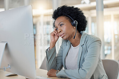 Buy stock photo Telemarketing, business and black woman with stress, headache and agent with mental health issue. Female employee, consultant and worker with migraine, tired and depression in workplace and burnout