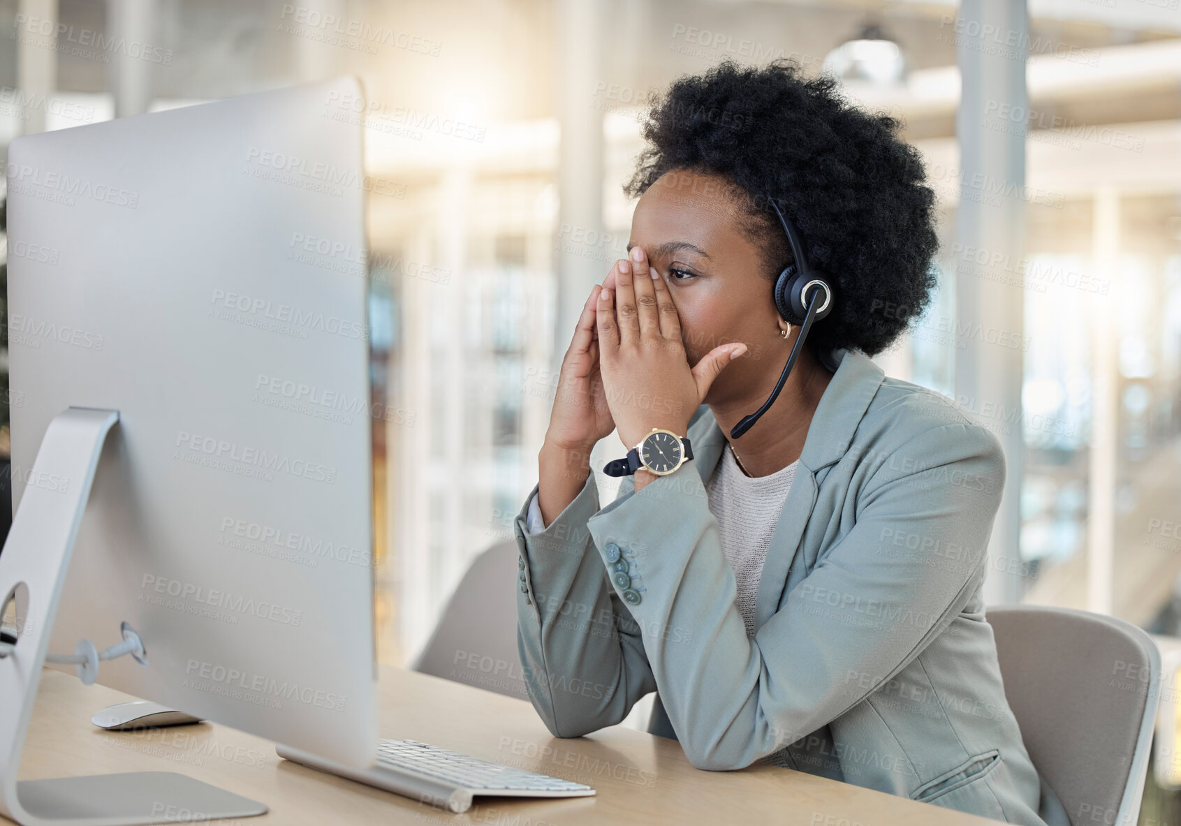 Buy stock photo Headache, tired and call center woman with stress, fatigue or anxiety for telemarketing fail, mistake or work crisis. Professional consultant or person with mental health problem, sad or depression