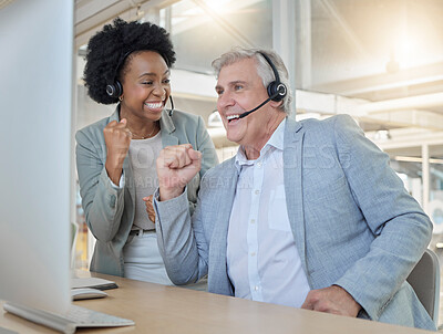 Buy stock photo Call center, teamwork and black woman with man celebrate achievement at winning help desk for support. Customer service team at office, happy and excited advisory agency and celebration of diversity.