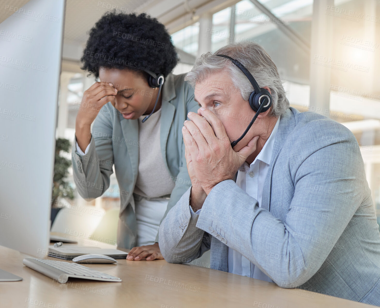 Buy stock photo Frustrated, confused and stress in call center with team in crisis, customer service headache with computer glitch. People in tech support with mistake or software error, contact us and CRM problem