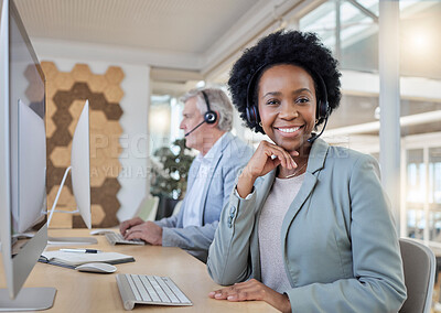 Buy stock photo Help desk, smile and portrait of confident black woman at computer with headset at call center. Customer service consultant at online crm office, leader at advisory agency with diversity and success.