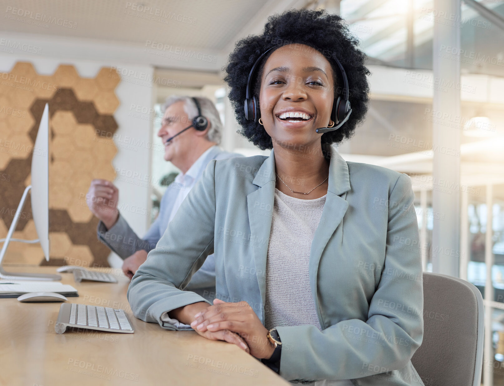 Buy stock photo Call center, smile and portrait of confident black woman at computer with headset at help desk. Customer service consultant at online crm office, leader at advisory agency with diversity and success.