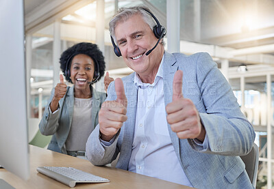 Buy stock photo Customer support, thumbs up and portrait of happy employees with headset in consulting office. Help desk, smile and mature man with black woman at advisory agency for networking online at call center