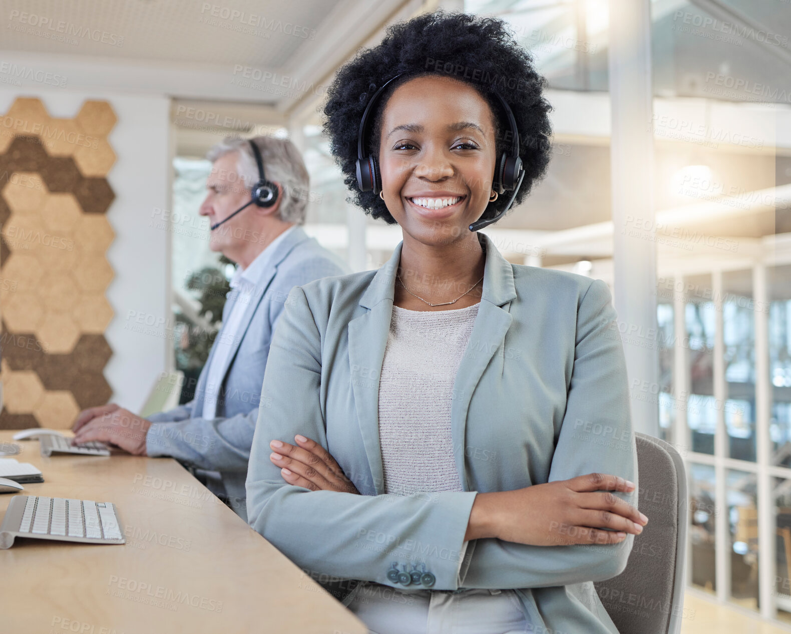 Buy stock photo Customer, call center and portrait of confident black woman at computer with headset and smile. Happy to help, consultant at online crm office, leader at advisory agency with diversity and success.