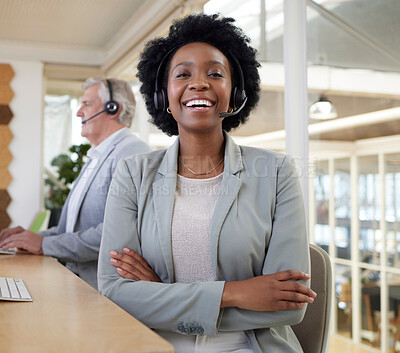 Buy stock photo Customer support, smile and portrait of confident black woman at computer with headset at help desk. Call center consultant at online crm office, leader at advisory agency with diversity and success.