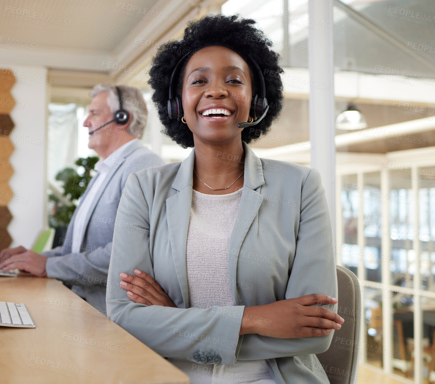 Buy stock photo Customer support, smile and portrait of confident black woman at computer with headset at help desk. Call center consultant at online crm office, leader at advisory agency with diversity and success.