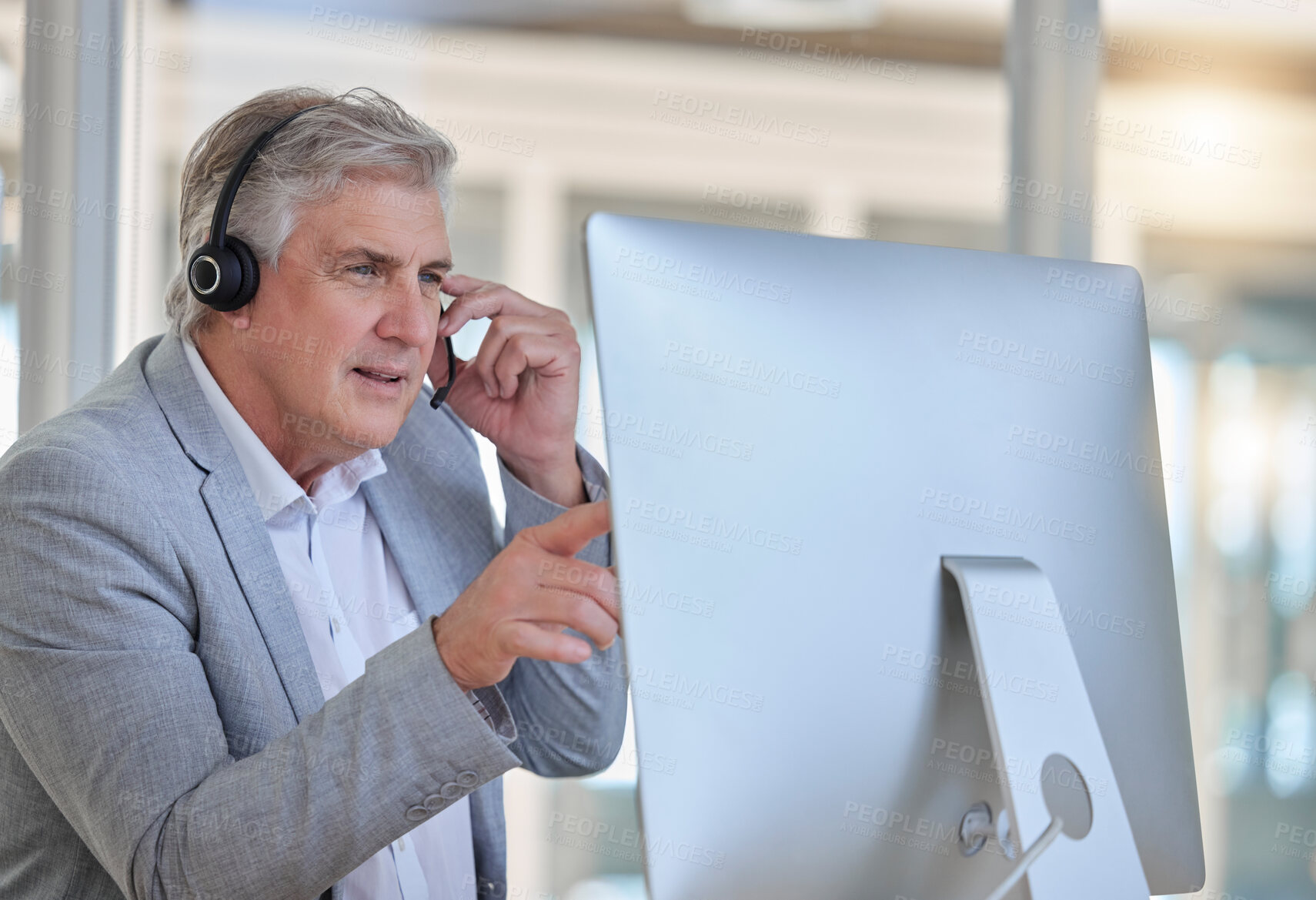 Buy stock photo Call center, advice and senior man at computer with headset in consulting in customer service office . Ceo, insurance sales and mature businessman at advisory agency, contact us and crm networking.