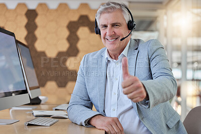 Buy stock photo Call center, smile and portrait of senior man with thumbs up, computer and headset in consulting office. Ceo, help desk and mature businessman at advisory agency, contact us and crm networking online