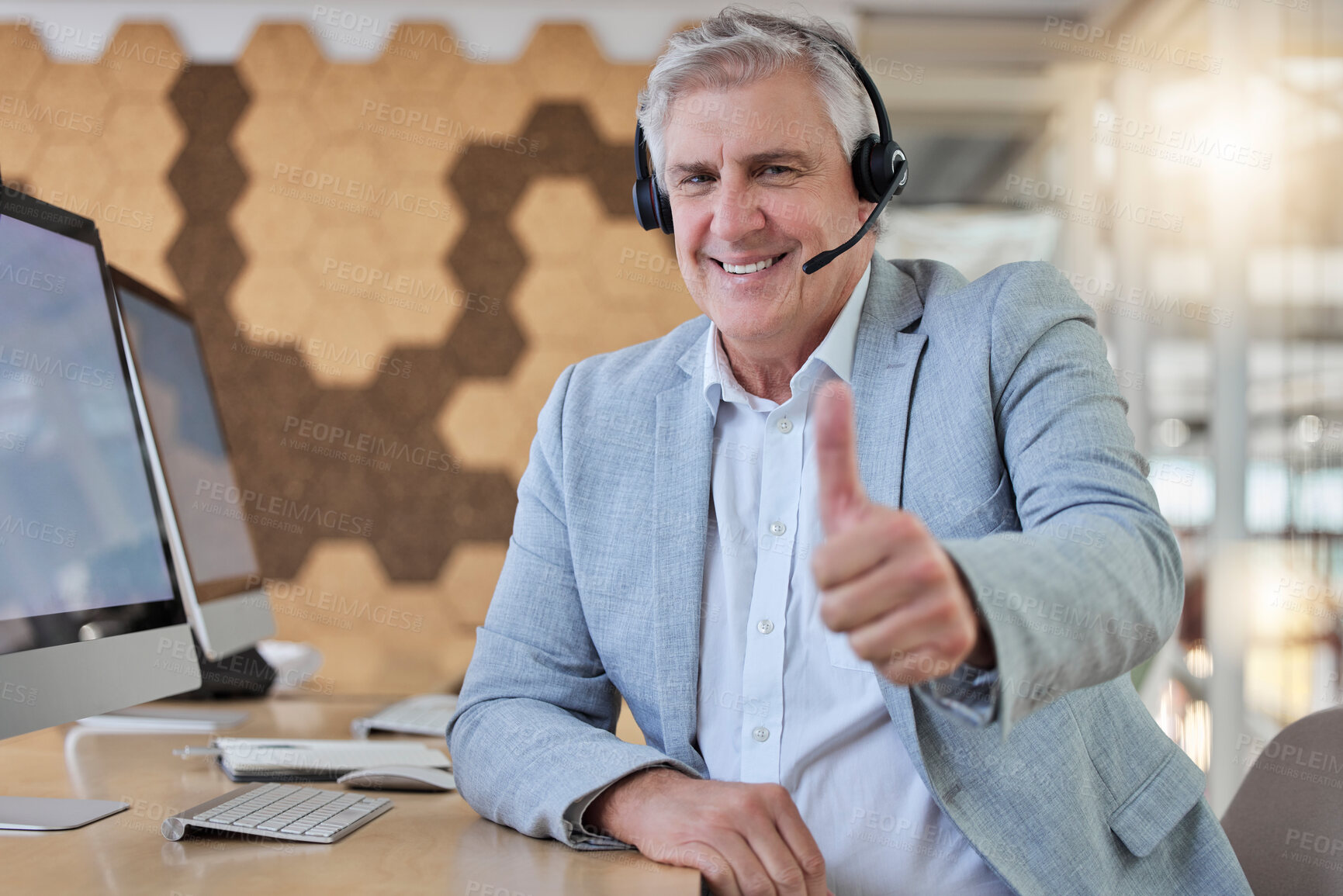 Buy stock photo Call center, smile and portrait of senior man with thumbs up, computer and headset in consulting office. Ceo, help desk and mature businessman at advisory agency, contact us and crm networking online