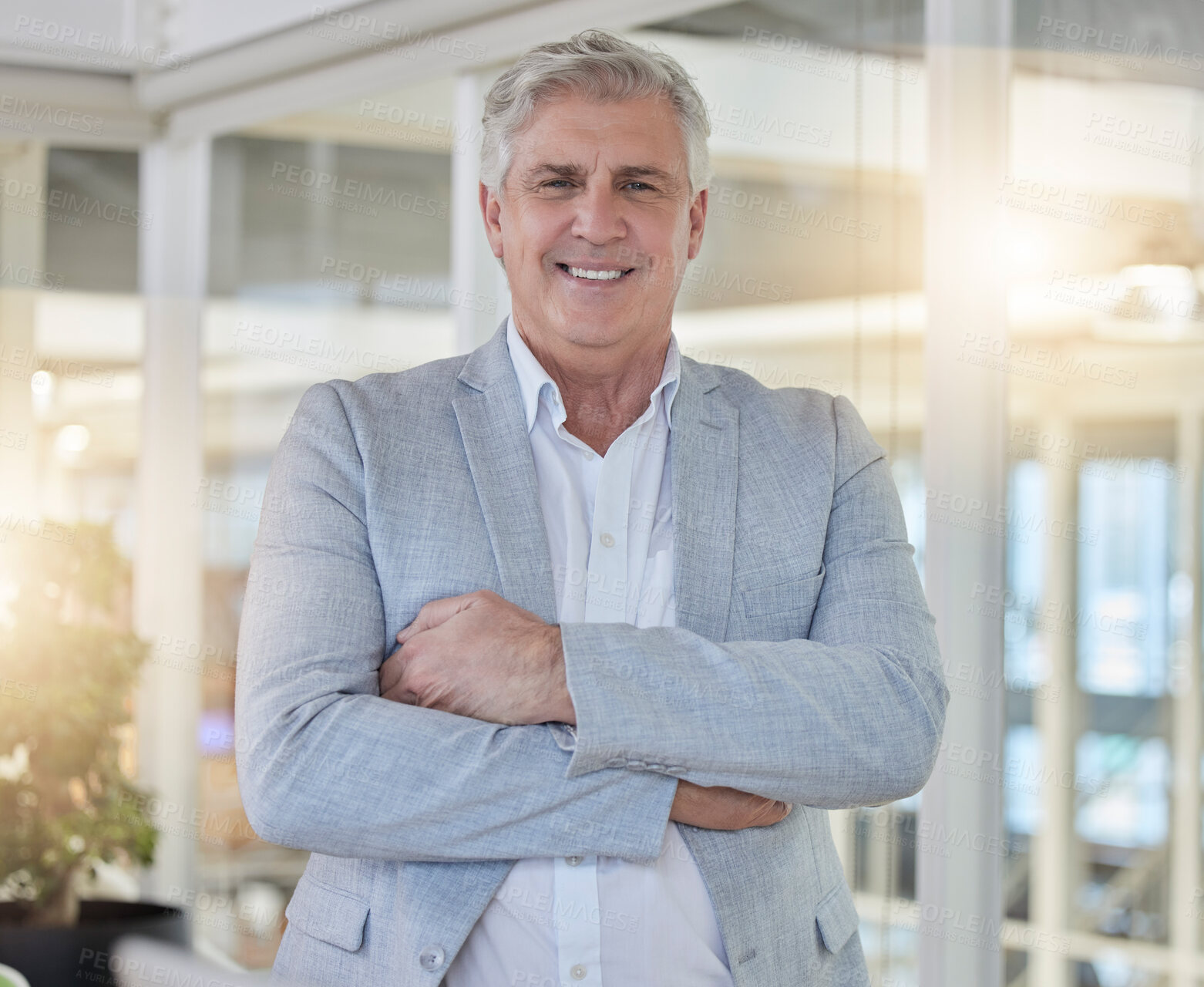 Buy stock photo Portrait, business and man with success, arms crossed and happiness in workplace, leadership and skills. Face, male employee and manager with smile, startup and ceo with opportunity and management