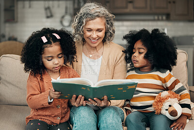 Buy stock photo Family kids, book and grandma reading fantasy storybook, story or bonding on home living room sofa. Grandmother love, novel and elderly woman with child development for biracial kindergarten children