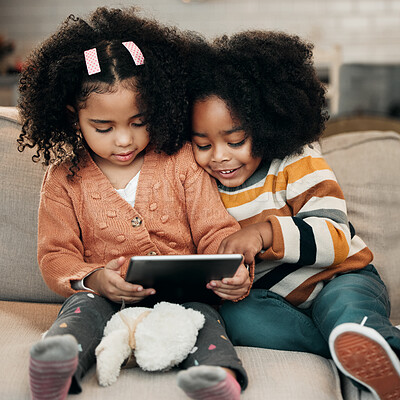 Buy stock photo Happy children on sofa with tablet for online education, fun games and watch internet cartoon or video together. Biracial family kids on couch with digital technology, app or web for movie streaming