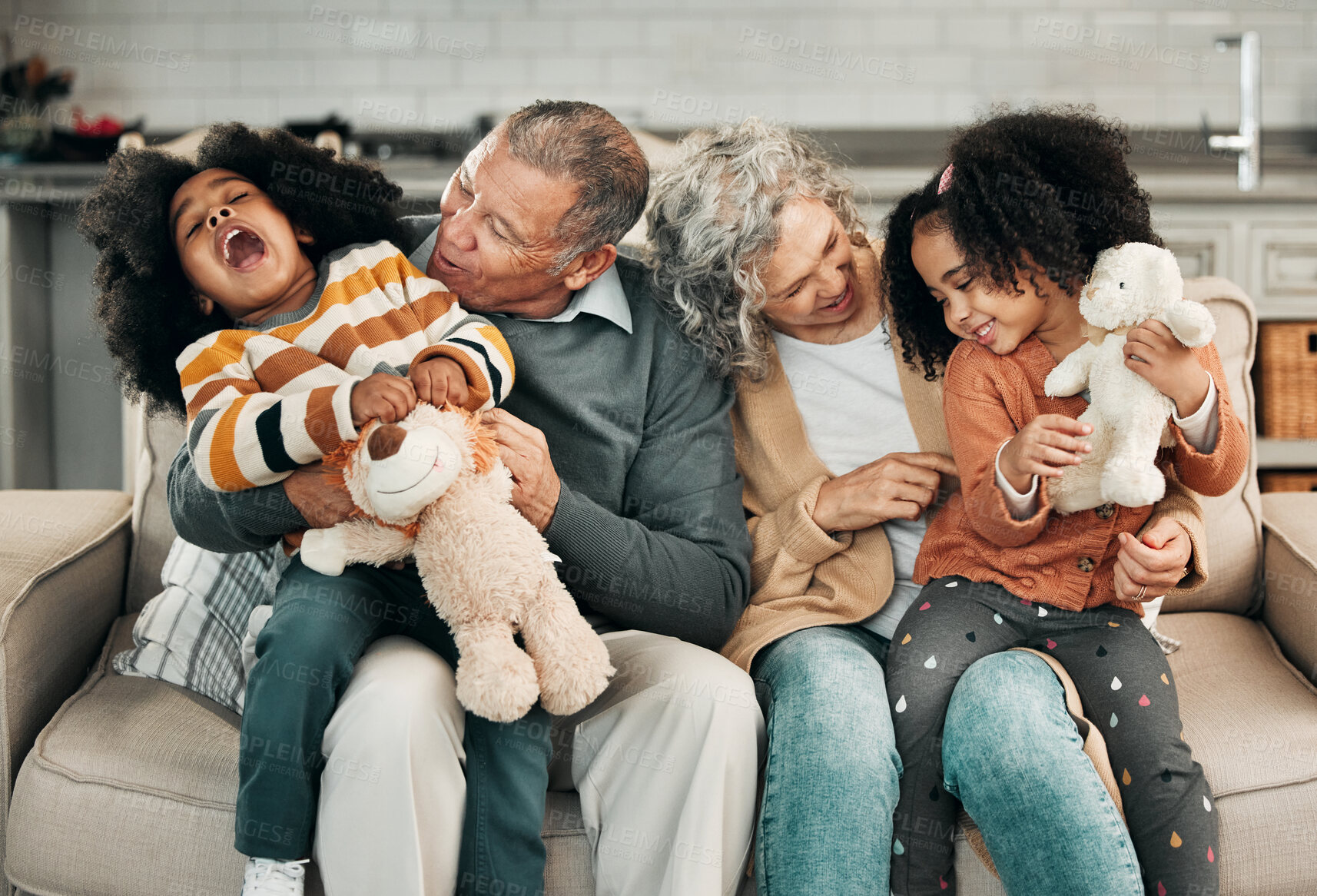 Buy stock photo Relax, happy grandparents or children bonding, laughing or hugging in fun Mexico in family home together. Grandmother, grandfather or playful young kids siblings love quality time on holiday vacation