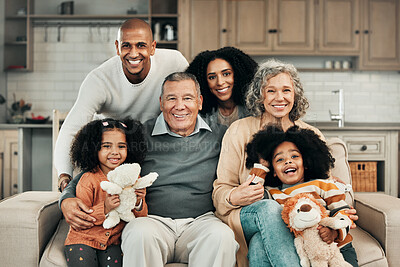 Buy stock photo Big family, portrait smile and relax on sofa for bonding, generations or holiday in living room at home. Happy parents, grandparents and children smiling or relaxing on couch together for fun weekend