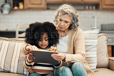 Buy stock photo Online tablet, family grandmother and child e learning, remote education or youth development in home school. Senior woman, adoption and young kindergarten students with elearning knowledge software
