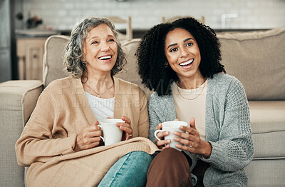 Buy stock photo Love, mother and adult daughter on floor, coffee and quality time in living room, happiness and relax. Family, female child or mama with tea, smile or loving together in lounge, rest and conversation