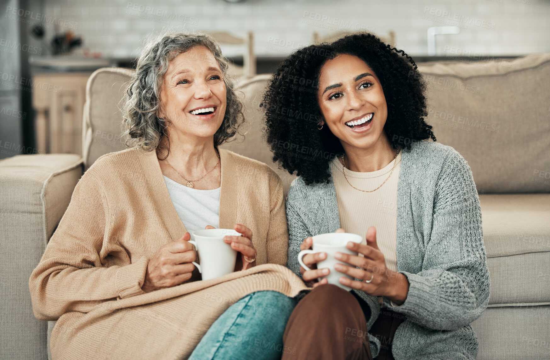 Buy stock photo Love, mother and adult daughter on floor, coffee and quality time in living room, happiness and relax. Family, female child or mama with tea, smile or loving together in lounge, rest and conversation