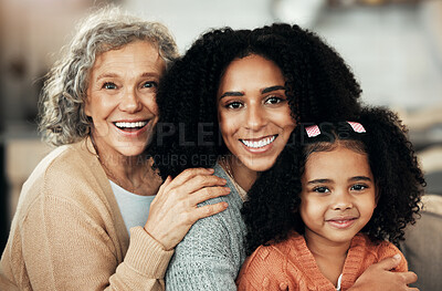 Buy stock photo Children, mother and grandmother with the portrait of a black family bonding together in their home. Kids, love or relatives with a woman, senior grandparent and girl posing in the living room