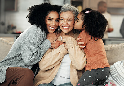 Buy stock photo Laughing, hug and portrait of family with affection, visit and bonding on mothers day. Smile, love and mother, child and grandmother hugging, being affectionate and cheerful for quality time together