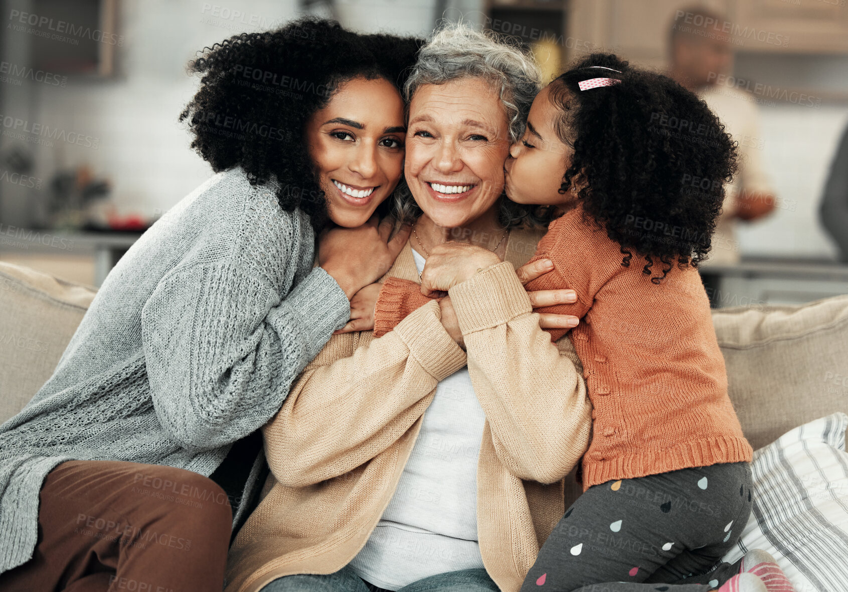 Buy stock photo Laughing, hug and portrait of family with affection, visit and bonding on mothers day. Smile, love and mother, child and grandmother hugging, being affectionate and cheerful for quality time together