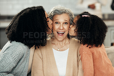 Buy stock photo Kiss, happy and generations with family on sofa in living room for surprise, support and affectionate, Mothers day, love and grandmother with mom and girl at home for care, relax and bonding