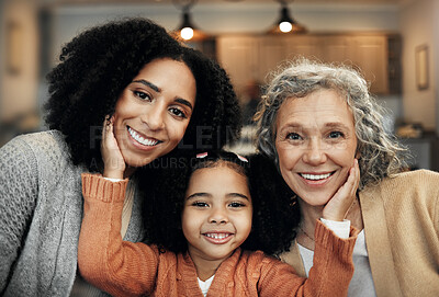 Buy stock photo Kids, parents and grandparents with the portrait of a black family bonding together in their home. Children, love or relatives with a woman, senior grandmother and girl posing in the living room