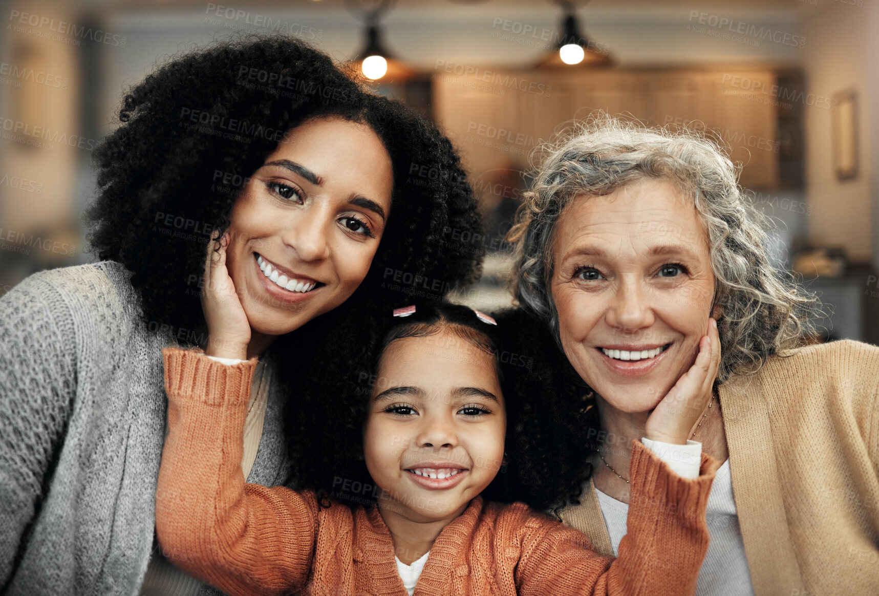 Buy stock photo Kids, parents and grandparents with the portrait of a black family bonding together in their home. Children, love or relatives with a woman, senior grandmother and girl posing in the living room