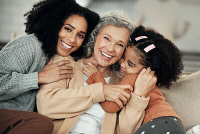 Buy stock photo Happy, hug and portrait of family on mothers day, visit and affection while bonding. Smile, love and mother, child and grandmother hugging, being affectionate and cheerful for quality time together