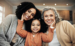 Children, women and grandparents with the portrait of a black family bonding together in their home. Kids, love or relatives with a parent, senior grandmother and girl posing in the living room