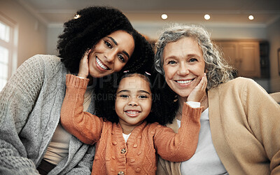 Buy stock photo Children, women and grandparents with the portrait of a black family bonding together in their home. Kids, love or relatives with a parent, senior grandmother and girl relaxing in the living room