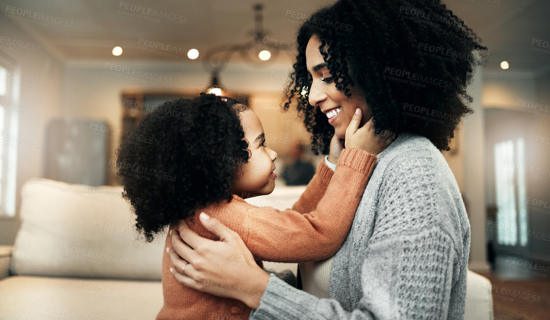 Buy stock photo Love, mother and girl on couch, quality time and bonding in living room, happiness and sweet moment. Family, happy mama and daughter on sofa, playing and cheerful in lounge, loving or joyful together