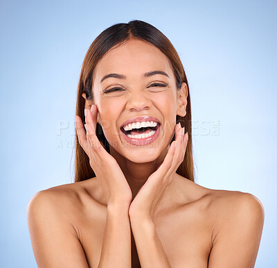Buy stock photo Happy woman in portrait, face and beauty with cosmetic care, facial and laughing in blue background. Skincare, natural cosmetics and self love with happiness, female with smile in studio and glow