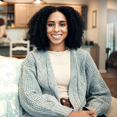 Buy stock photo Happy, smile and portrait of black woman on sofa in living room for relax, break and satisfaction. Calm, happiness and free time with female sitting at home for positive, confident and carefree