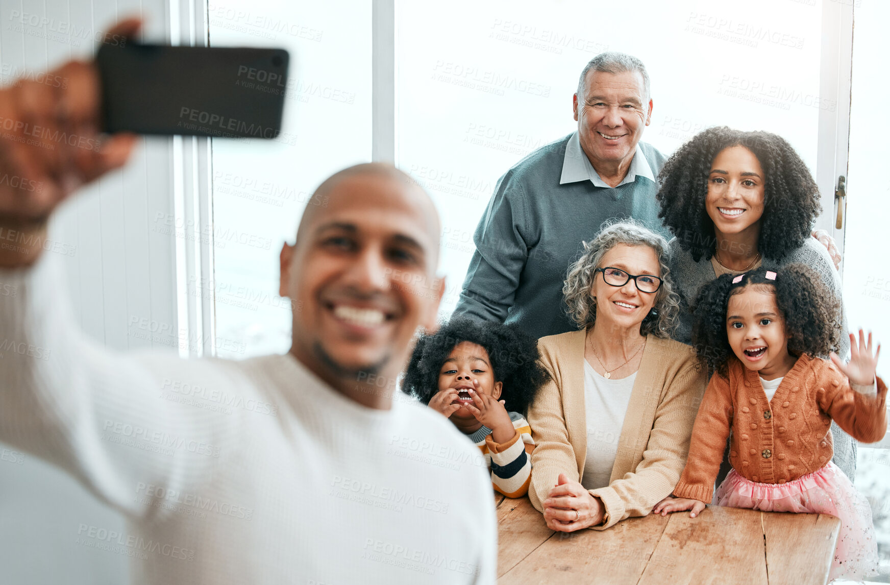 Buy stock photo Selfie, happy family and man taking picture of people on vacation or holiday home to update social media or the internet. Group, photo and father relax with children, grandparents and mother