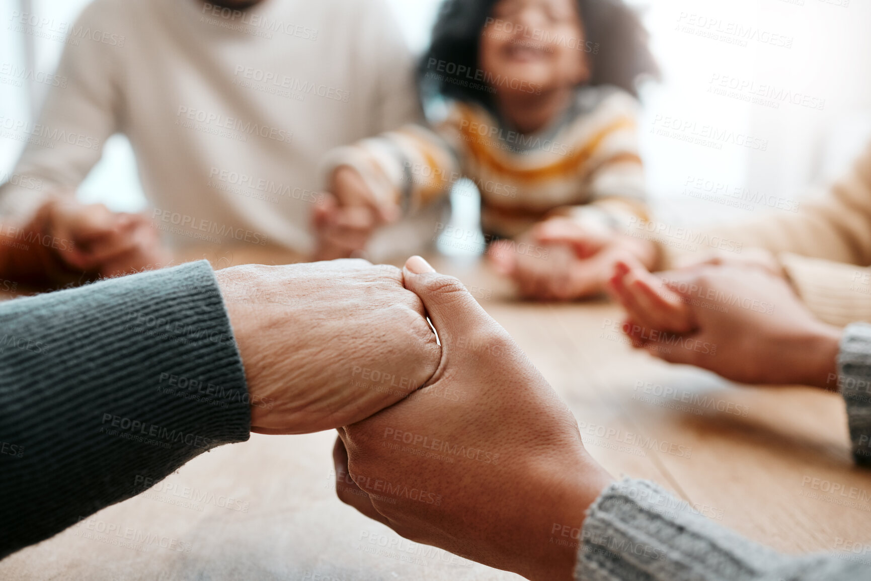 Buy stock photo God, holding hands or big family praying for support or hope in Christian home for worship together. Mother, father or grandparents in prayer or asking Jesus Christ in religion with children or blur