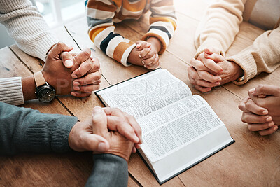 Buy stock photo Bible, reading book or hands of big family praying for support or hope in Christian home for worship together. Mother, father or grandparents studying, prayer or asking God in religion with children
