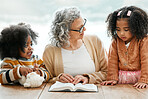 Bible, reading book or grandma with children for worship, support or hope in Christianity for education. Kids siblings, grandmother or old woman studying, praying or learning of God in religion 