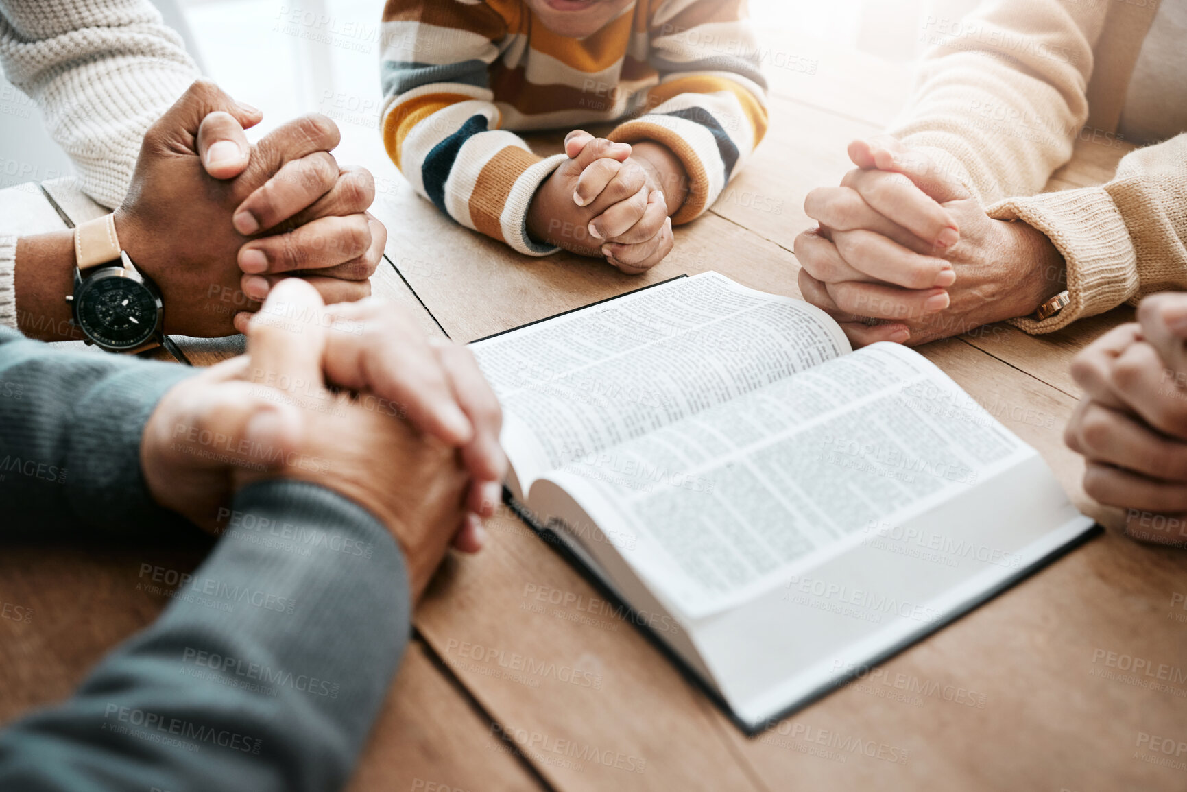 Buy stock photo Bible, reading book or hands of big family in prayer, support or hope in Christian home for worship together. Mother, father or grandparents studying, praying or asking God in religion with children