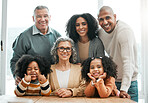 Portrait, generations and family with smile, quality time and support with love, bonding together and care. Face, grandparents and mother with father, siblings and female children with support or joy