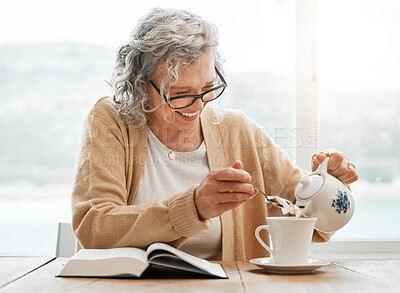 Buy stock photo Reading book, tea or funny old woman with smile or hope in Christianity belief or faith relaxing. Bible, laugh or happy catholic senior person studying or learning God in spiritual religion or info