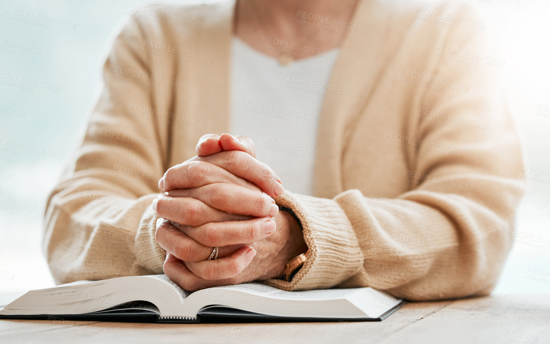 Buy stock photo Bible, praying or hands of old woman in prayer reading book for holy worship, support or hope in Christianity or faith. Relax, zoom or elderly person studying or learning God in spiritual religion
