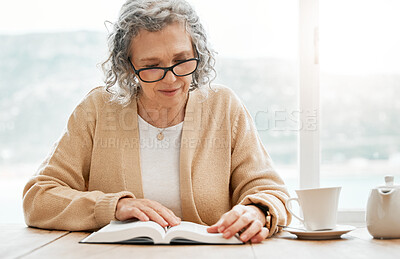Buy stock photo Old woman reading book, story or bible to relax in hobby or retirement for peace or learning religion. Elderly studying or calm senior person with novel for information or knowledge on table at home