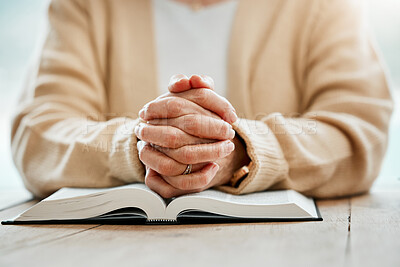 Buy stock photo Bible, praying or hands of woman in prayer reading book for holy worship, support or hope in Christianity or faith. Jesus Christ, zoom or elderly person studying or learning God in spiritual religion