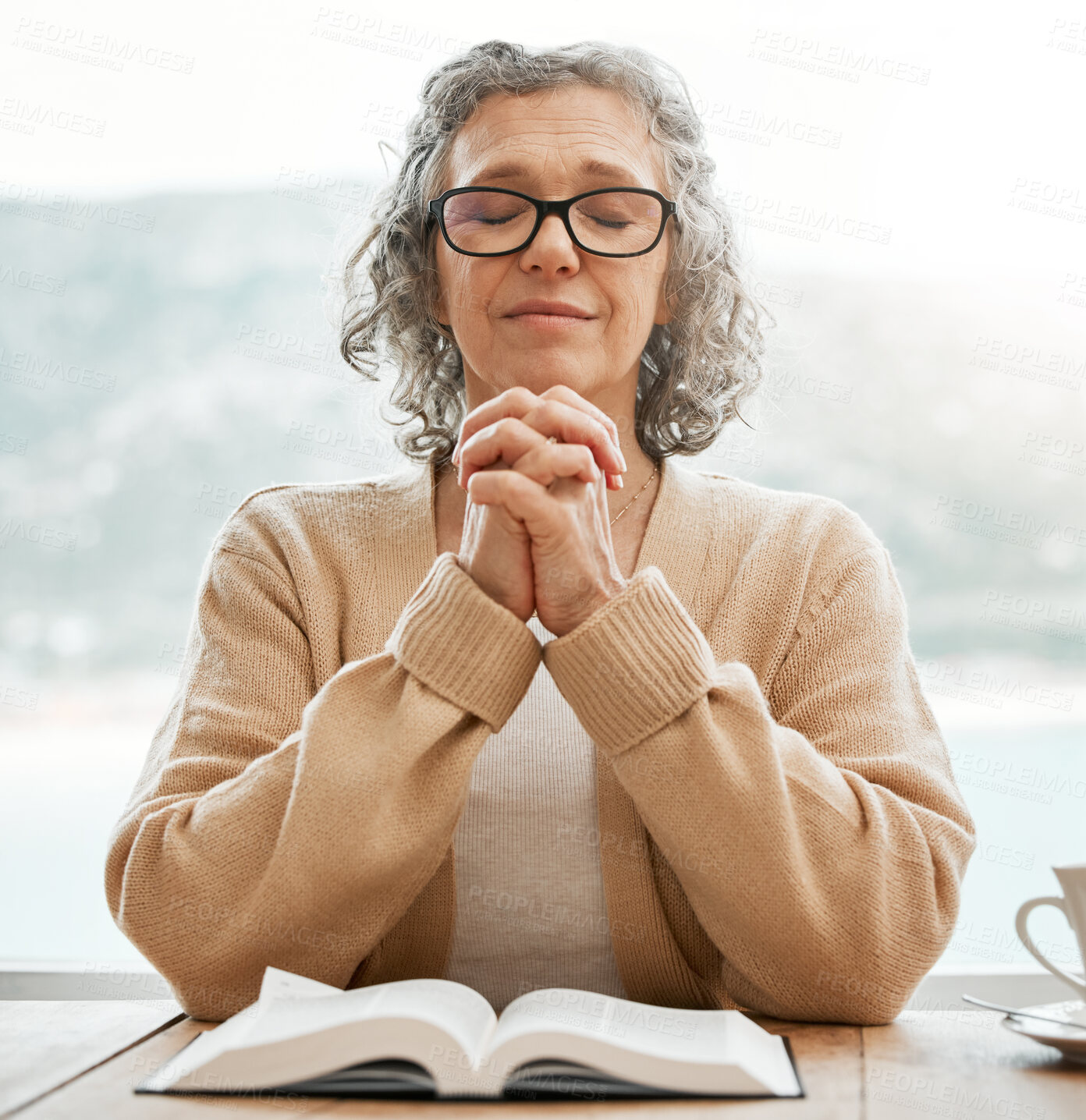 Buy stock photo Bible, praying or senior woman in prayer reading book for holy worship, support or hope in Christianity or faith. Relax, meditation or elderly person studying or learning God in spiritual religion