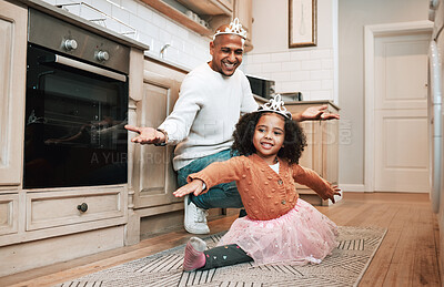 Buy stock photo Child learning, ballet tutu and father in a kitchen excited about young girl dancing with flexibility. House, family and parent love in a home with a kid having fun with support in a household