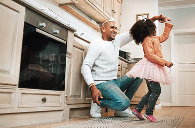 Buy stock photo Child, ballet dance twirl and happiness of girl and father together bonding with dancing in the kitchen. Home, kid and dad with parent love and care in a house playing a dancer game for children fun