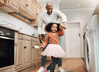 Buy stock photo Happy, portrait and girl and father dancing in the kitchen for celebration, party and bonding. Smile, laughing and dad doing a dance with a child for quality time, happiness and playful together